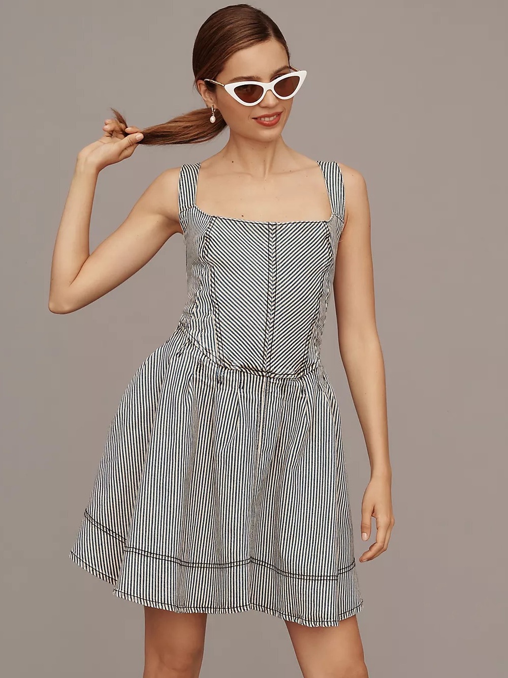 Anthropologie Pilcro Square-Neck Tie-Back Denim Mini Dress
